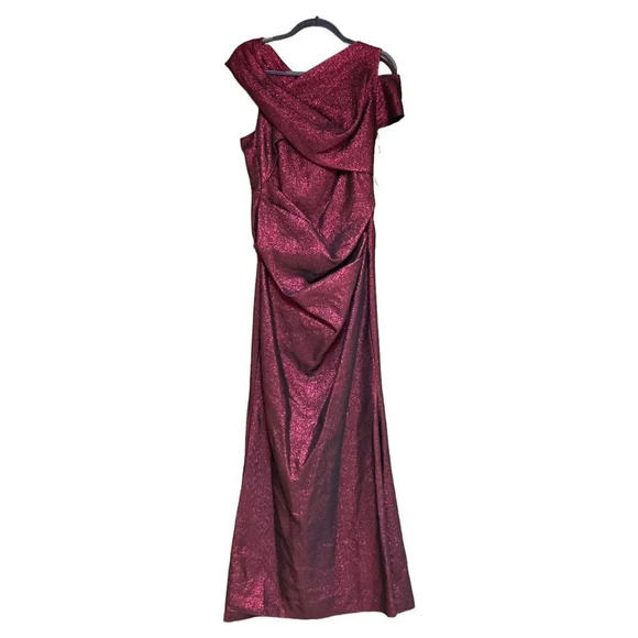 TALBOT RUNHOF Moa Burgundy Metallic Asymmetric Evening Gown Size 14 - Picture 2 of 9
